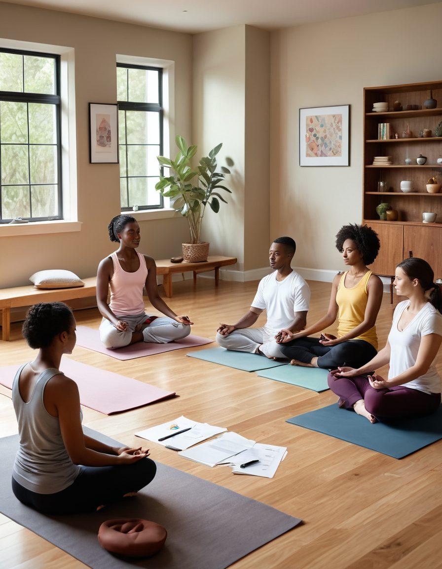 A heartfelt scene depicting a diverse group of people engaged in friendly conversation with insurance documents and wellness tools like yoga mats and meditation sets around them. Integrate soft colors to evoke a sense of calmness and connection between insurance and emotional wellness. Subtle imagery of shields and hearts interwoven signifies protection and care. super-realistic. warm tones. soft focus.
