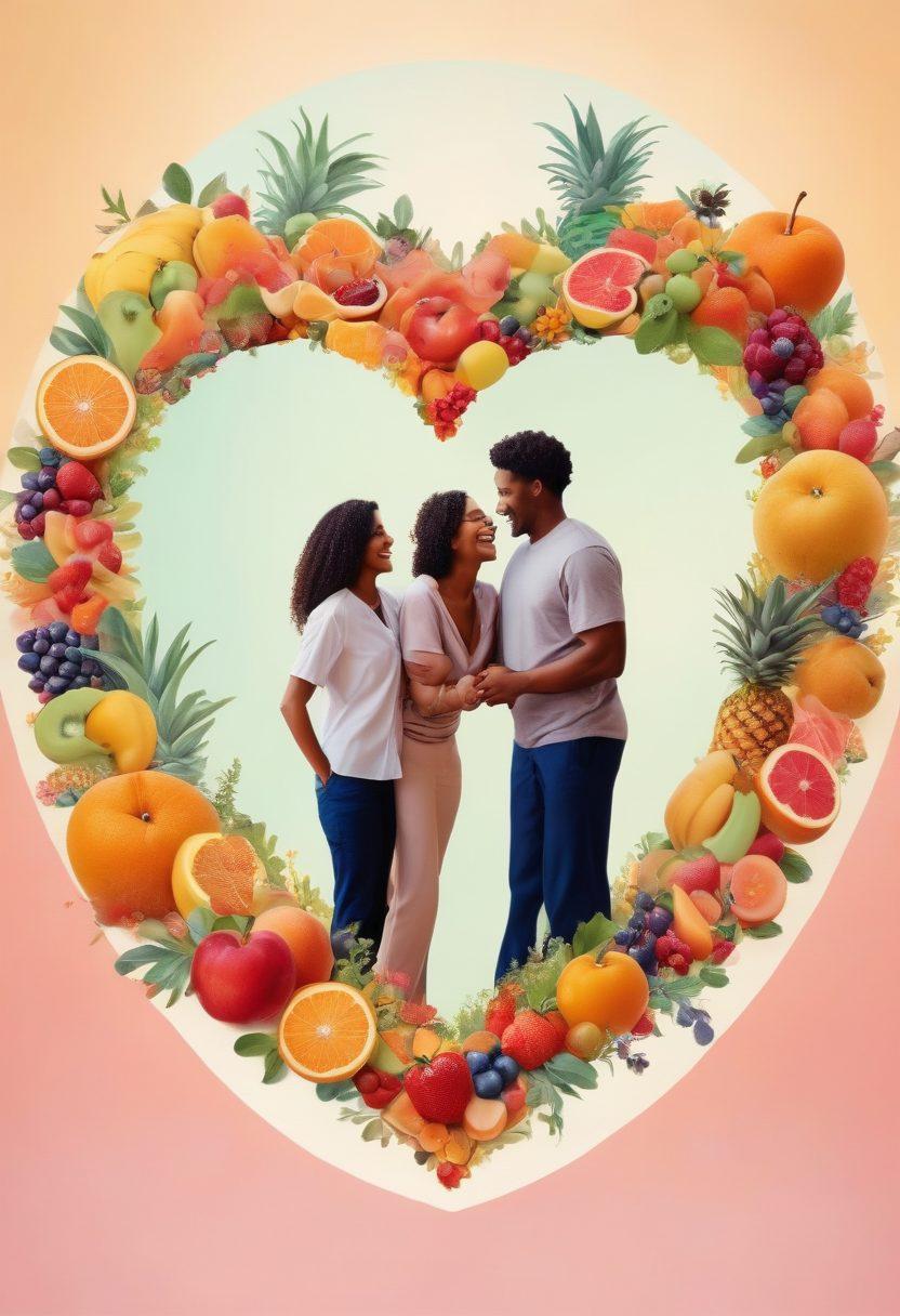 A whimsical scene blending elements of love and insurance: a heart-shaped insurance policy frame surrounded by joyful couples sharing laughter, with symbols of health like fruits and medical gear artfully integrated into the background. Soft pastel colors create a warm, inviting atmosphere, emphasizing the connection between well-being and happiness. perfect for a blog about love and health choices. vibrant colors. illustration style.