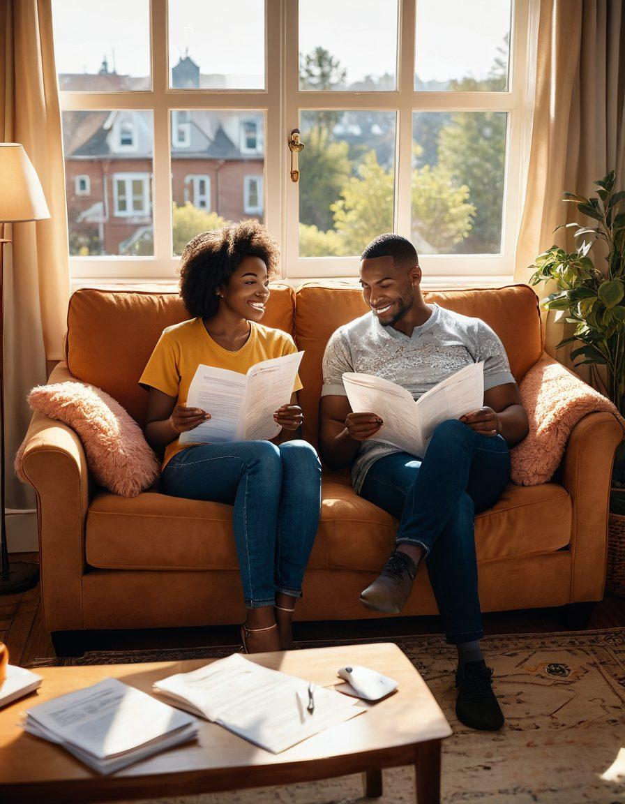 A warm and inviting scene depicting a couple sitting together on a sofa, reviewing insurance documents with a joyful expression. Surrounding them are symbols of security, like a shield and a cozy home, along with heart shapes representing relationship advice. Soft sunlight streams through a window, enhancing the comforting atmosphere. super-realistic. warm colors. cozy interior.